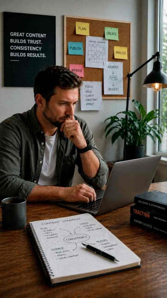 Content-Marketing-Clarity-and-Strategy-for-Better-Results Business owner reviewing structured content marketing plan and strategy to improve clarity, consistency and generate better results