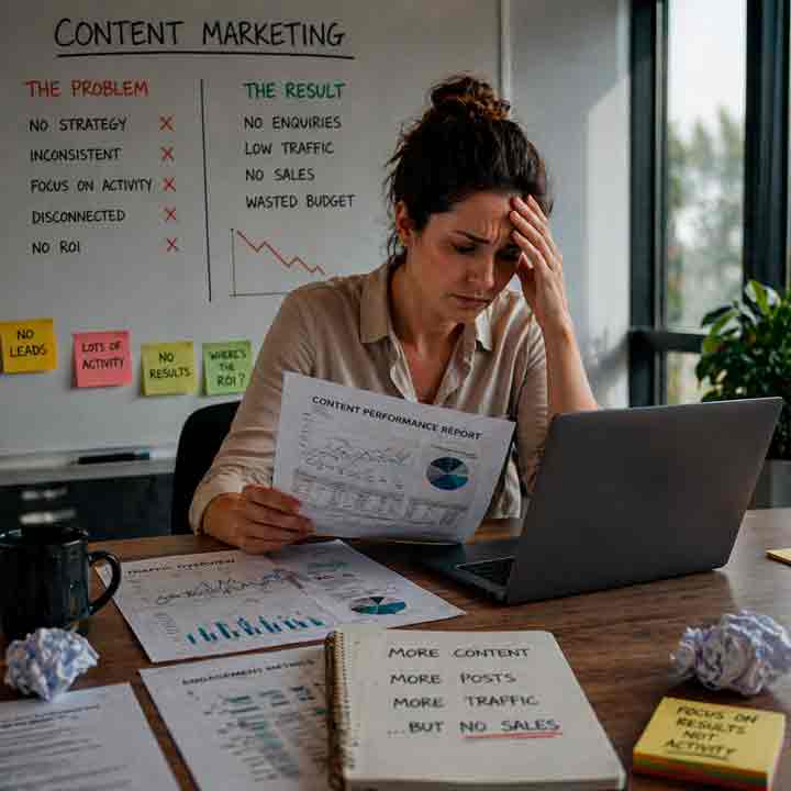 Content-Marketing-That-Creates-Activity-But-No-Results Female business owner reviewing content marketing reports showing high activity but no leads, sales or ROI in a modern office
