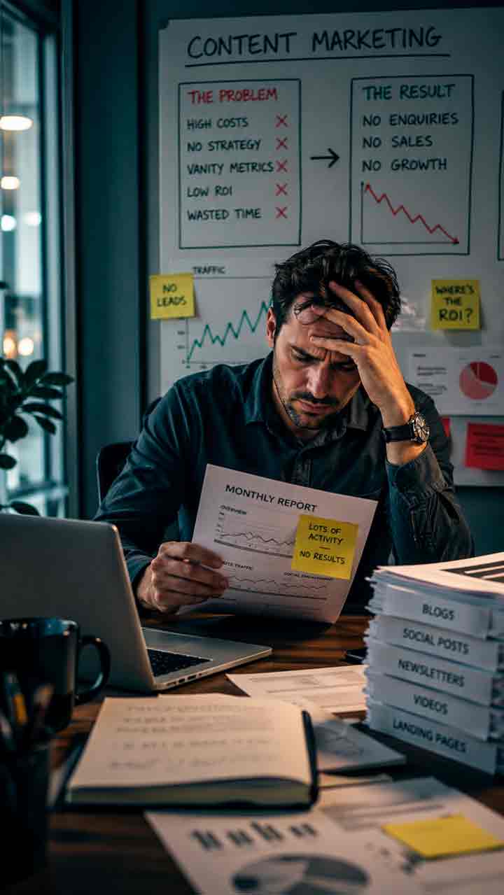 Frustrated business owner reviewing content marketing reports showing high activity but no enquiries or ROI in a Central Coast office