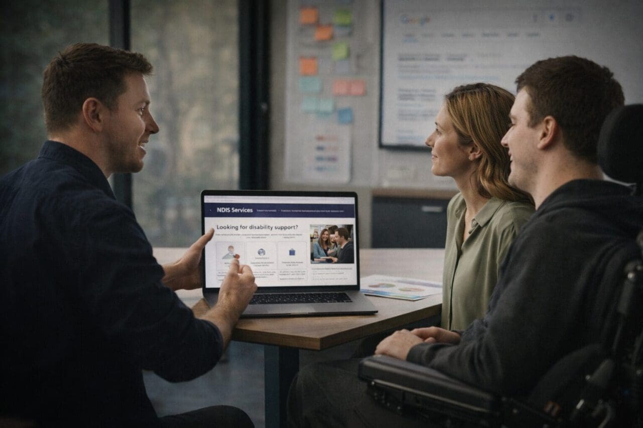 Discussing NDIS support services over laptop Discussing NDIS support services over laptop