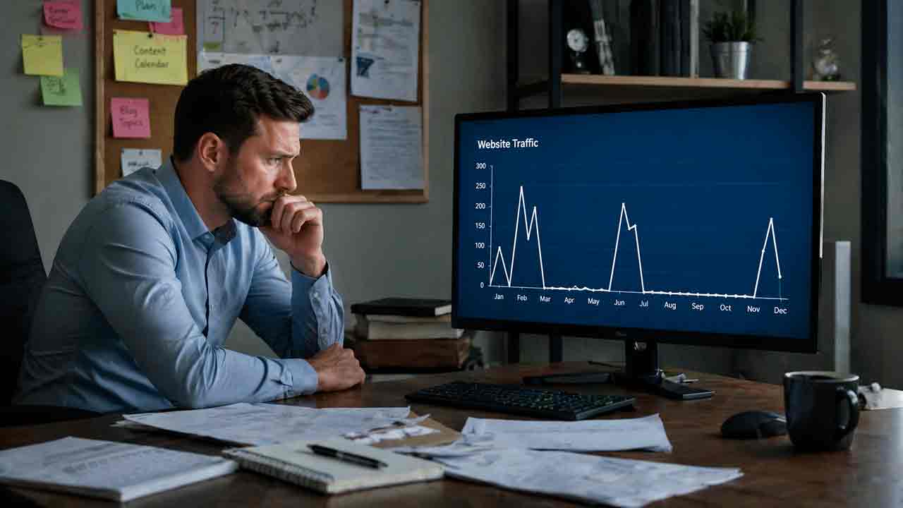 Business owner reviewing website traffic showing irregular spikes and long periods of no activity due to inconsistent content marketing