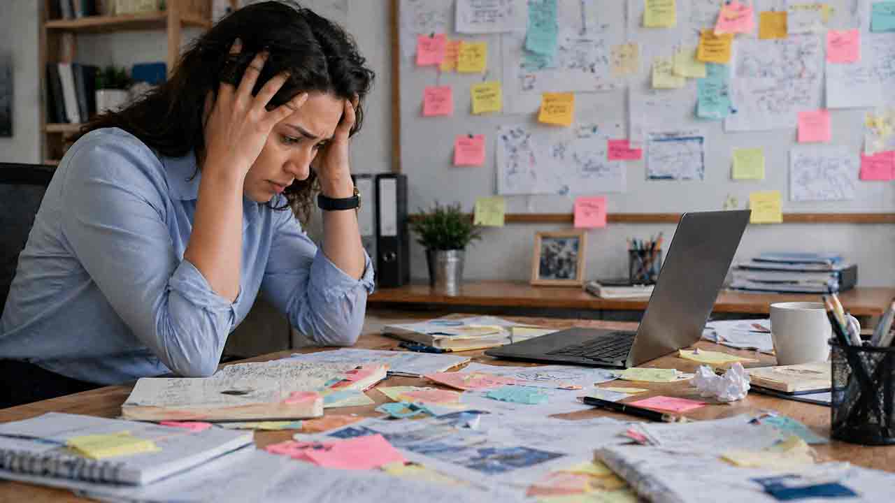 Business owner reviewing disconnected website, social media, video and search content.
