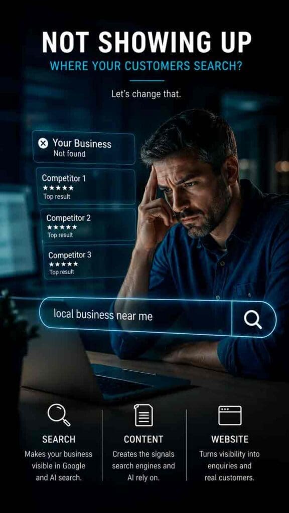Not Showing Up in Search, Losing Customers to Competitors Business owner looking frustrated at laptop as competitors rank in search results while their own business is not found, highlighting poor visibility in Google and AI search.
