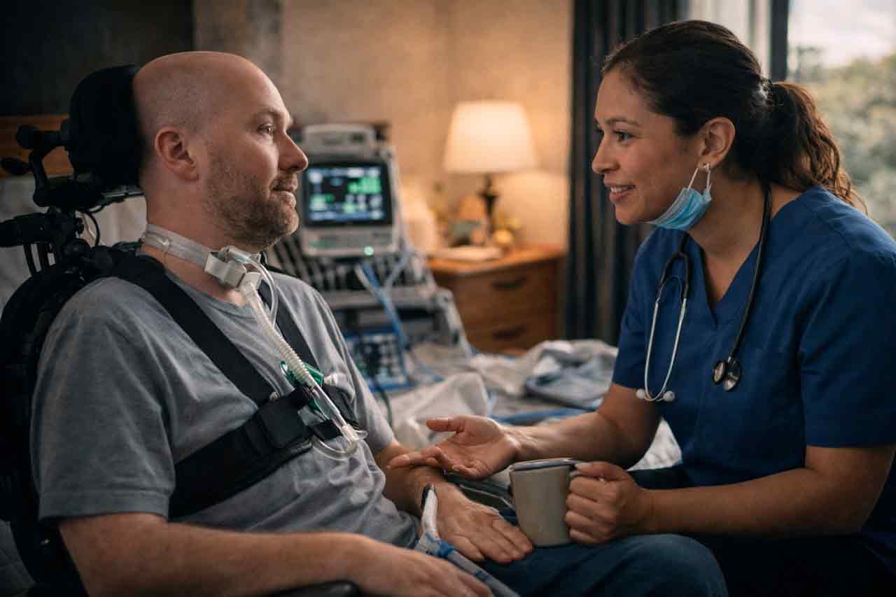 Nurse assisting patient in home setting with NDIS specialist care