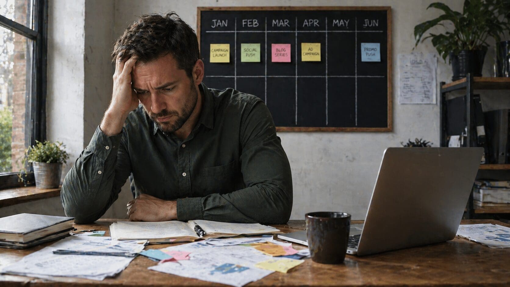 Business owner reviewing an inconsistent content calendar with gaps in marketing activity.