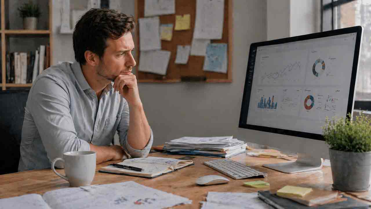 Business owner reviewing low engagement and weak enquiry results from unclear marketing content.