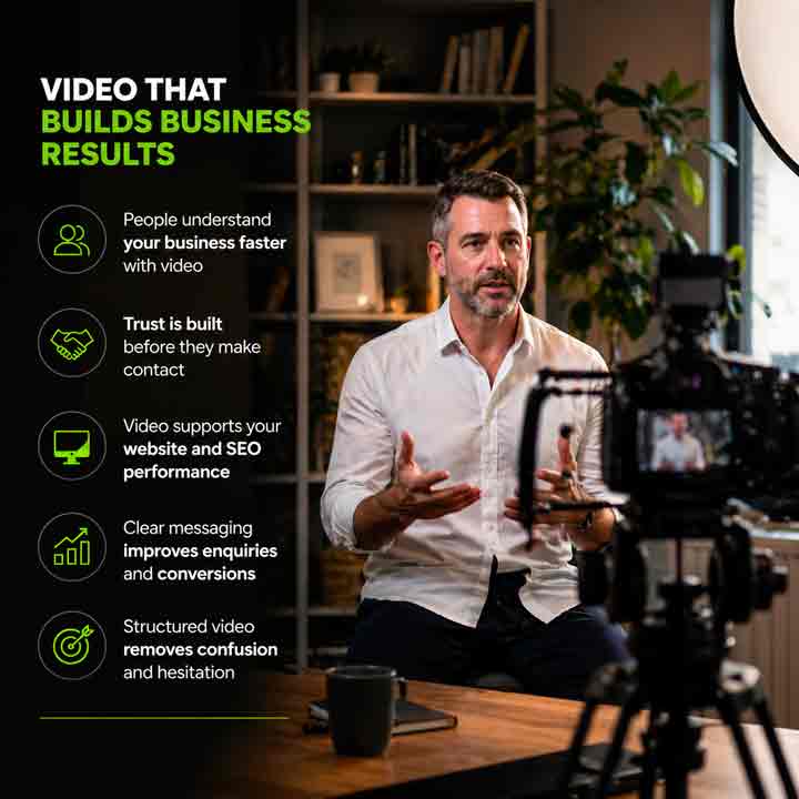Video-Production-That-Builds-Trust-&-Drives-Enquiries Business owner being filmed for a professional video in a studio