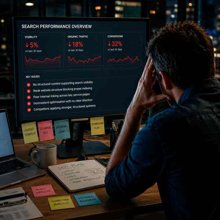 Why Your Search Marketing Isn’t Generating Results Business owner reviewing declining search performance on a screen showing poor SEO results, weak visibility and key structural issues affecting rankings and enquiries.