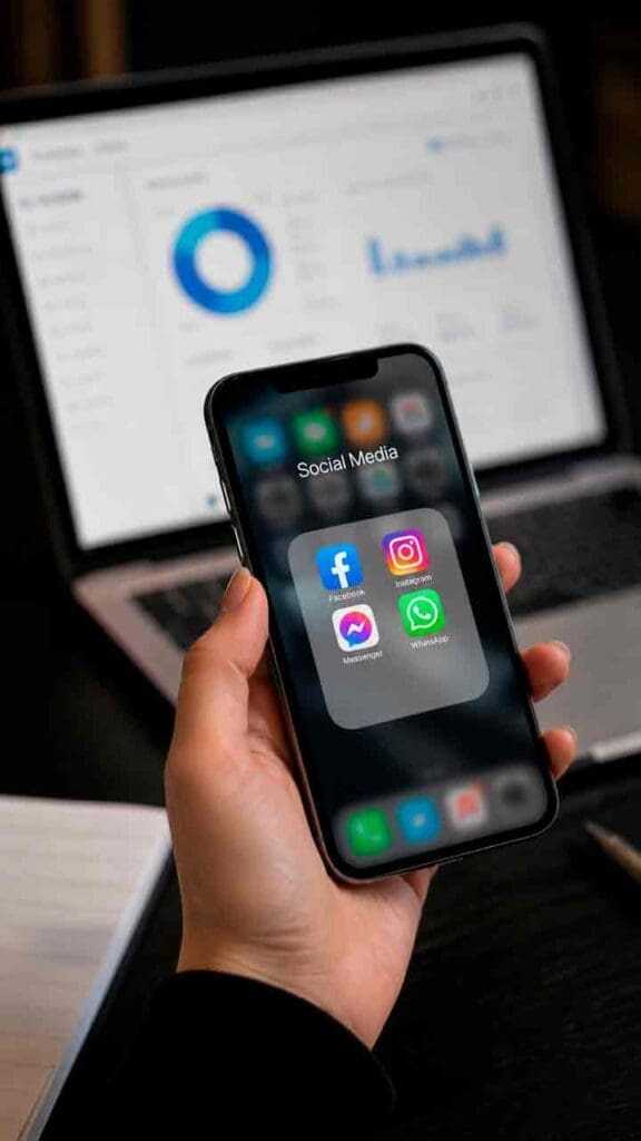 Choosing-the-Right-Social-Media-Platforms-for-Business-Growth Close-up of a person holding a smartphone displaying Facebook and Instagram apps, with a blurred laptop showing analytics in the background, representing platform selection and performance tracking in social media marketing.