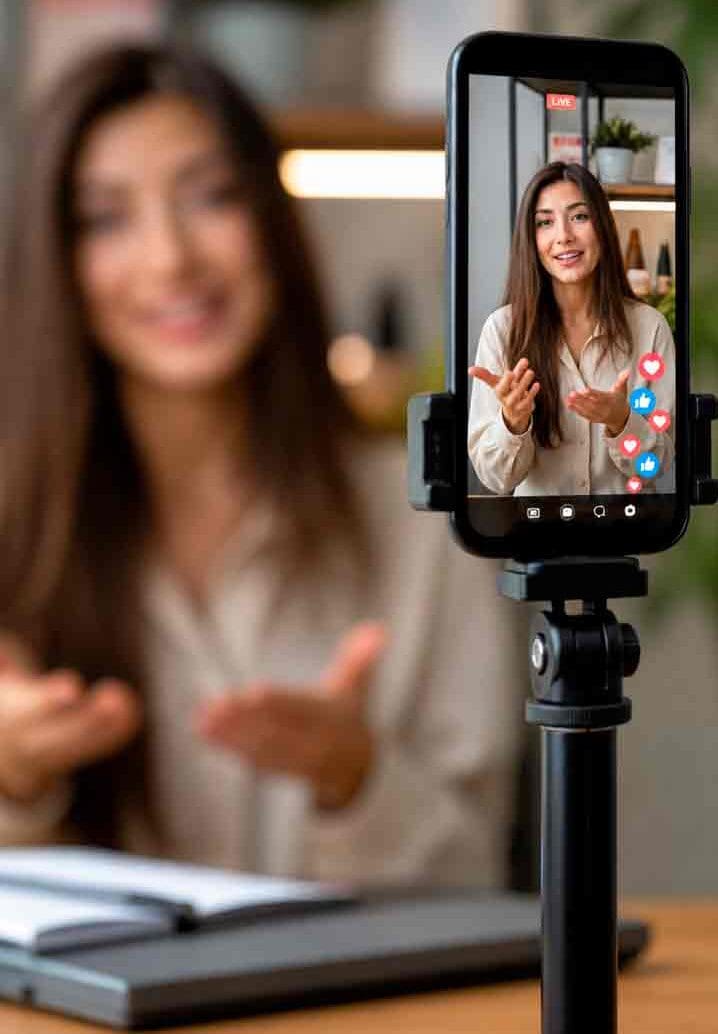 Female content creator recording a social media video on a smartphone mounted on a tripod, with visible live engagement icons like likes and comments, representing active audience interaction and social media marketing performance.