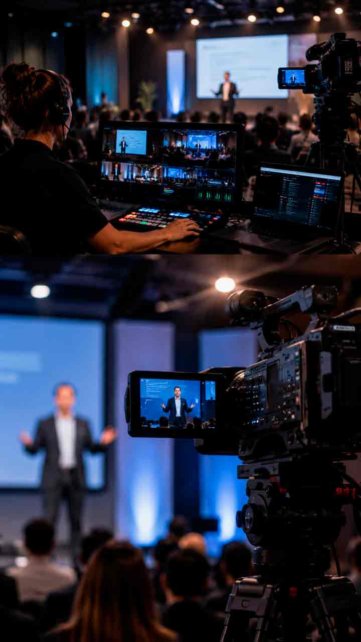 central-coast-livestream-production-pricing Professional multi-camera livestream production setup managing a business event with live switching, audience coverage, replay recording and structured broadcast coordination on the Central Coast