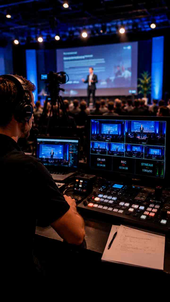 livestream-production-faqs-central-coast Professional livestream production setup displaying FAQ information for business events including replay recording, website embedding, internet redundancy and multi-speaker event management on the Central Coast