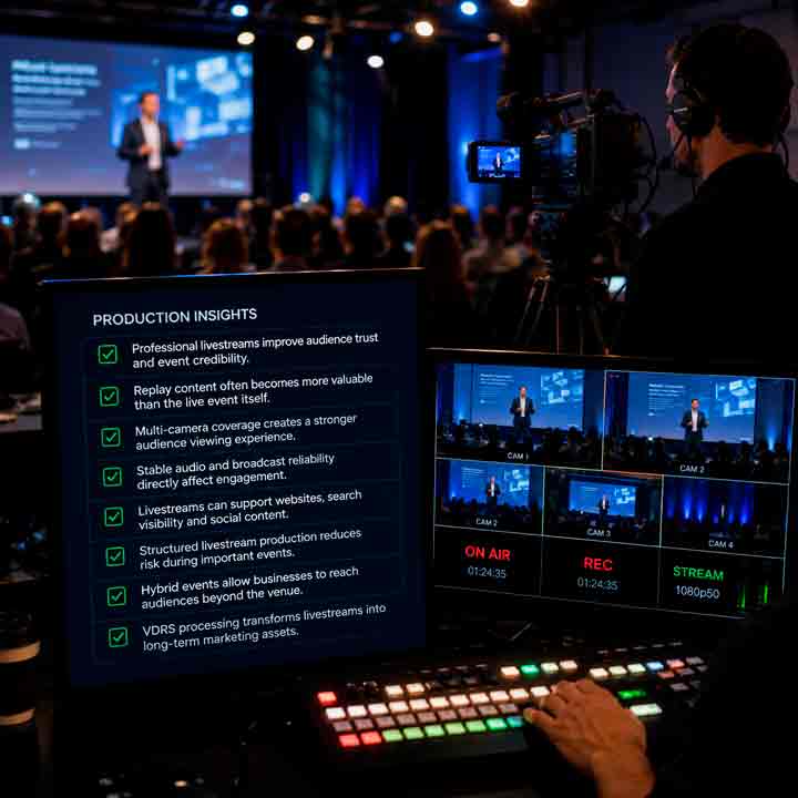 livestream-production-key-insights-central-coast Professional livestream production control desk managing multi-camera event broadcasting with replay recording, audience engagement and structured hybrid event coverage on the Central Coast