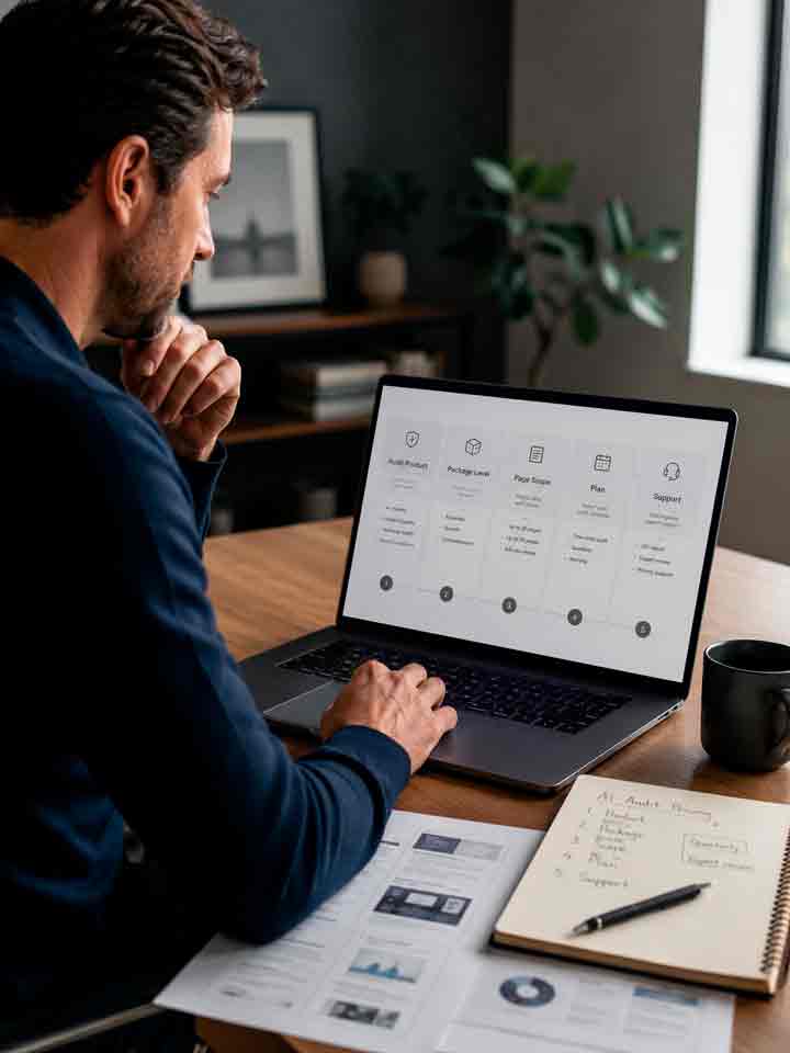 AI Audit Packages, Plans & Pricing Diagram showing how Logue Media AI Audit pricing is built from audit product, package level, page scope, plan and support.