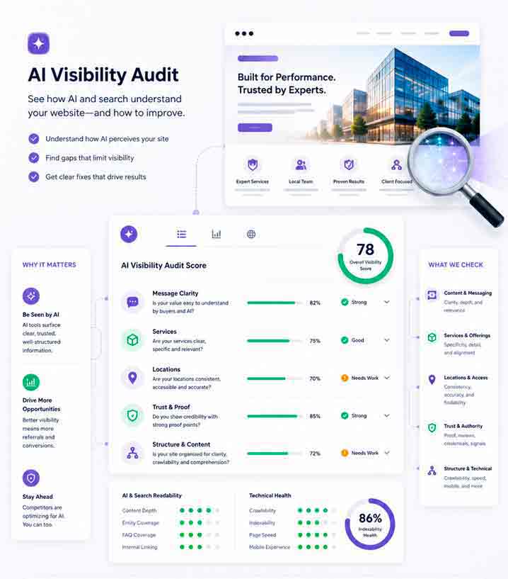 Enhanced-AI-Visibility-Audits AI Visibility Audit illustration showing a website being reviewed for message clarity, services, locations, trust signals, content structure and repair priorities for better Google and AI search understanding.
