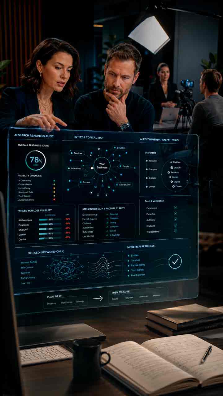 Futurist Worplace with AI Website- & Visibility Audits Consultants reviewing an AI website audit while a video interview is recorded.