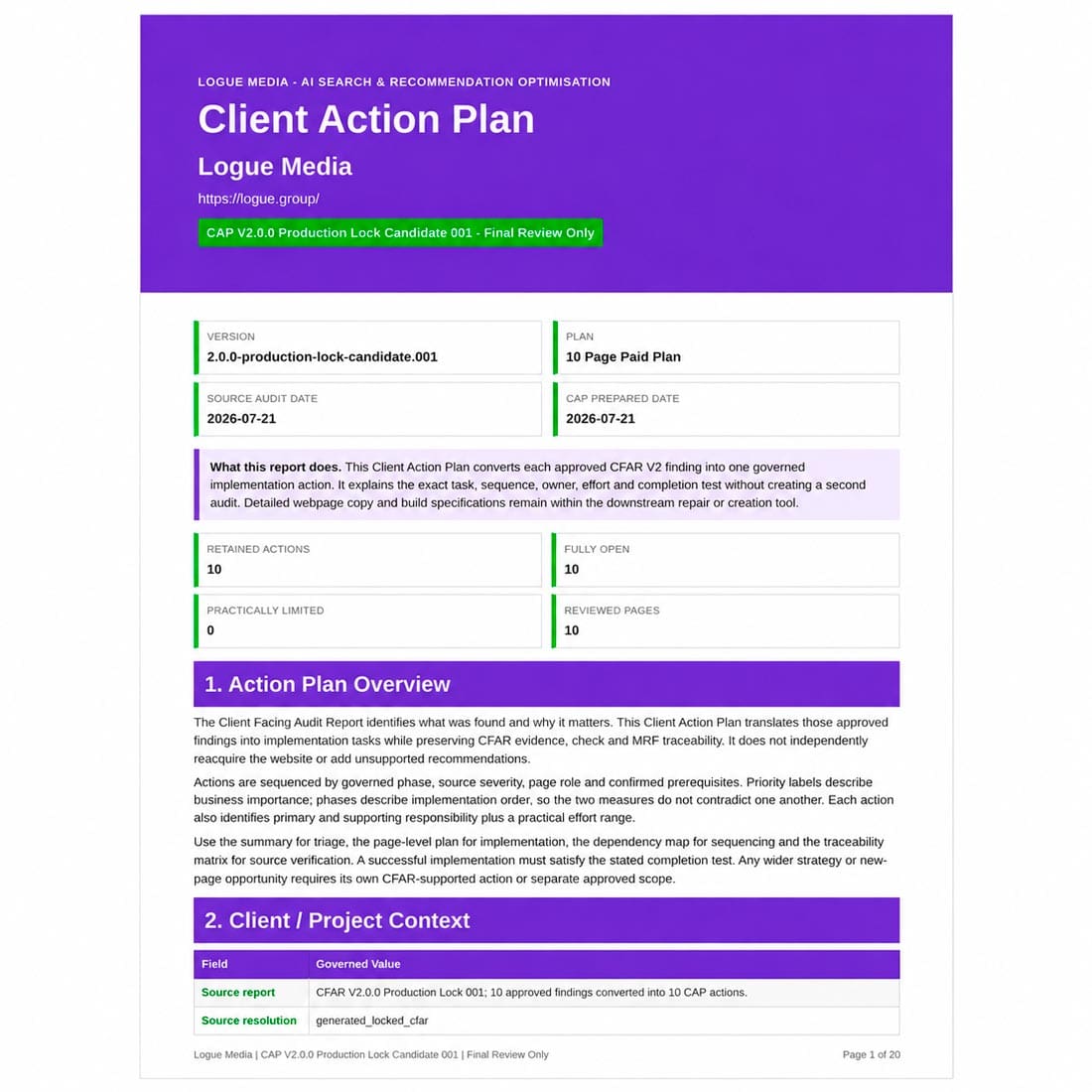 Website repair recommendations for an existing webpage