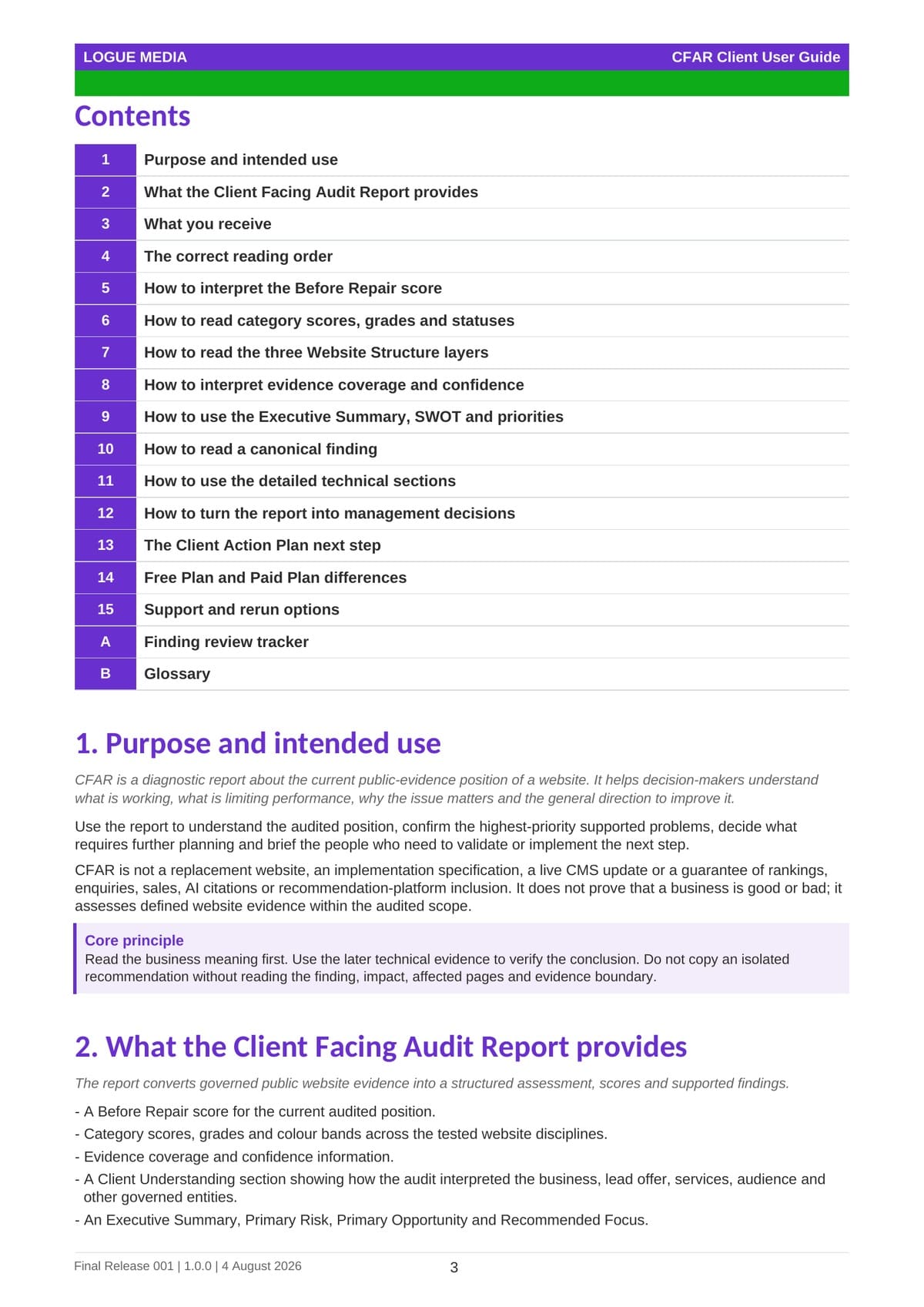 CFAR Client User Guide explaining how to read and use the audit report