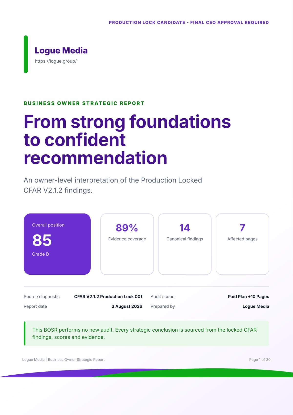 Sample Business Owner Strategic Report showing the owner-level interpretation of CFAR findings