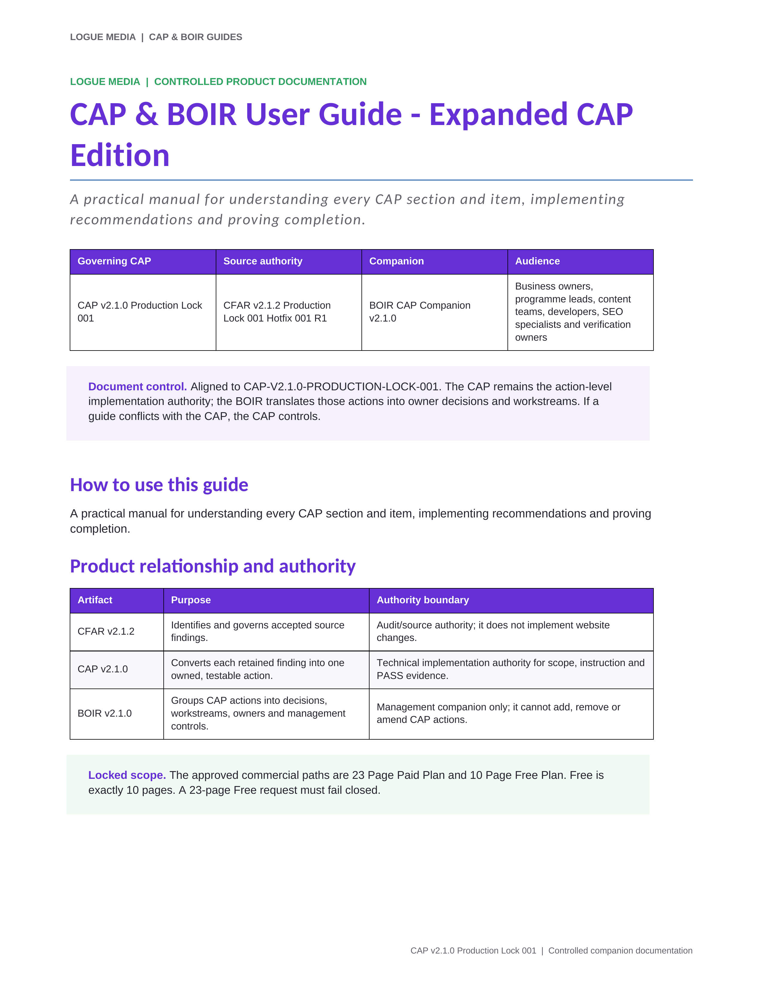 CAP User Guide cover for Logue Media, focused on implementing CAP recommendations and using the BOIR.
